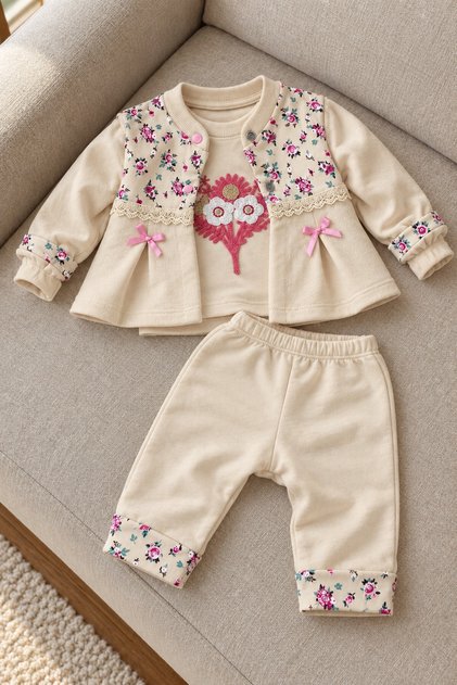 Baby Girl Set with Floral Lace Detail, 3-Piece Top and Bottom Set, Seasonal
