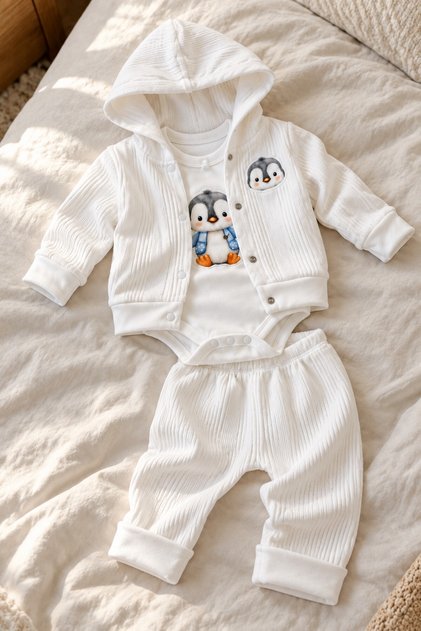 Baby Set Penguin Patterned Hooded Cardigan 3-Piece Top and Bottom Set Seasonal