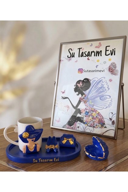 Su Tasarım Evi Handmade Cup and Coaster Set with Red Hat Woman Figure - Special Design Birthday - Christmas Gift