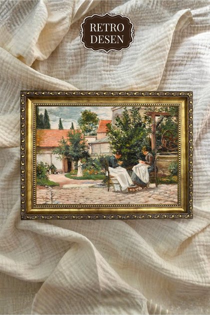 Bahçeli Köy Avlusu Çerçeveli Sanat Tablosu, Vintage Duvar Dekoru (00687)