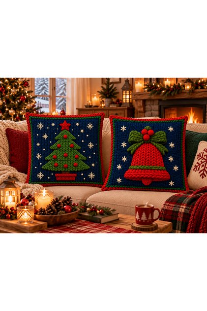 Holiday Chimes Christmas Pine Tree and Bell Patterned Red Navy Blue 3D Knitted Look Decorative Set of 2 Throw Pillow Covers
