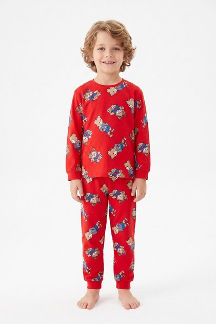 Boy's Cute Teddy Bear Patterned 100% Cotton Reactive Dyeing Single Jersey Fabric Long Sleeve Pajama Set