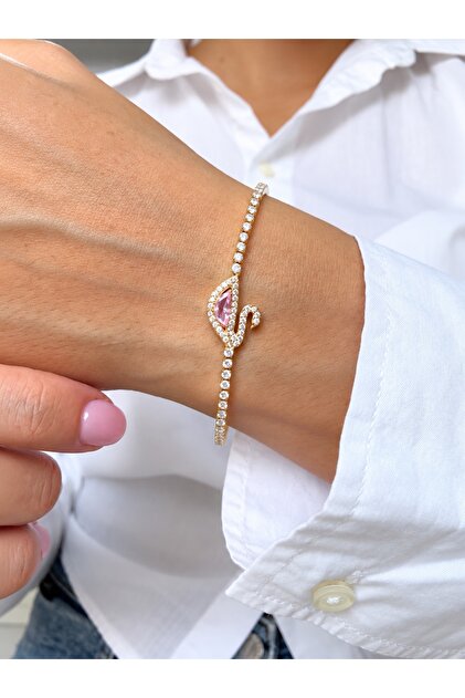 Elegant Swan Model Extendable Bracelet with Pink Stones