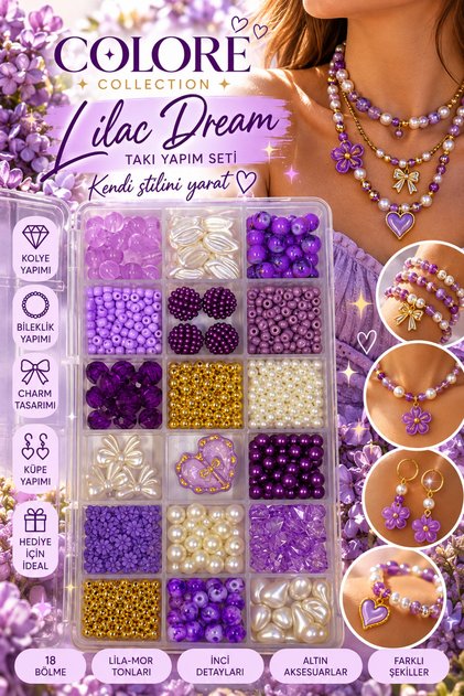 💜 By Mo Coloré Collection Lilac Dream – Lila Mor İnci & Altın Detaylı 18 Bölmeli Takı Yapma Hobi Seti
