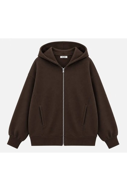 Women's Brown Hooded Oversize Modal Fabric Soft Touch Zippered Cardigan