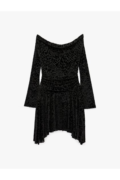 Slim Fit Long Spanish Sleeves Textured Off the Shoulder Boat Neck Asymmetrical Tulle Mini Dress