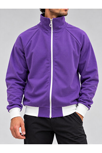 Men's Stand Collar Full Zip Sweatshirt Long Sleeve Ribbed Detailed Casual