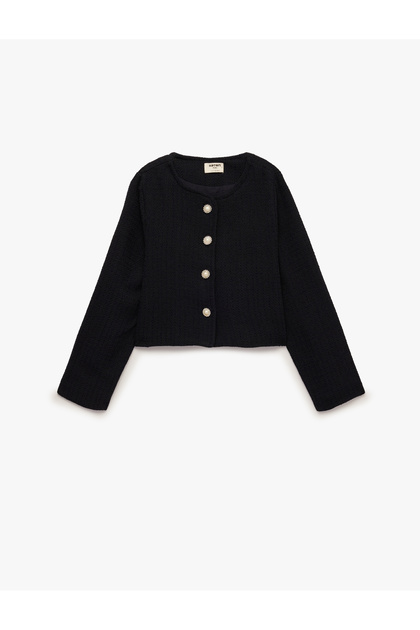 Crew Neck Long Sleeve Buttoned Tweed Jacket