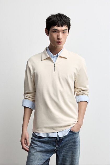 Fermuarlı dokulu polo yaka t-shirt