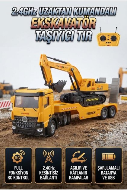 Uzaktan Kumandalı Şarjlı Axor & Römorklu Ekskavatör Taşıyıcı Tır 82 cm 2.4 GHz Oyuncak İş Makinesi