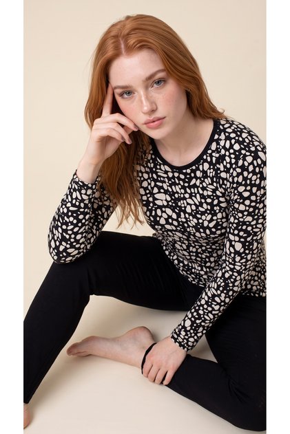 Geometric Patterned Crew Neck Viscose Women's Long Sleeve Pajama Set