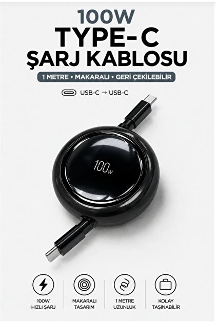 Loop 100W Type-C to Type-C Makaralı Hızlı Şarj Kablosu – Çek-Bırak Otomatik Toplanan Gelişmiş Tasarım (Tablet, Telefon Uyumlu)