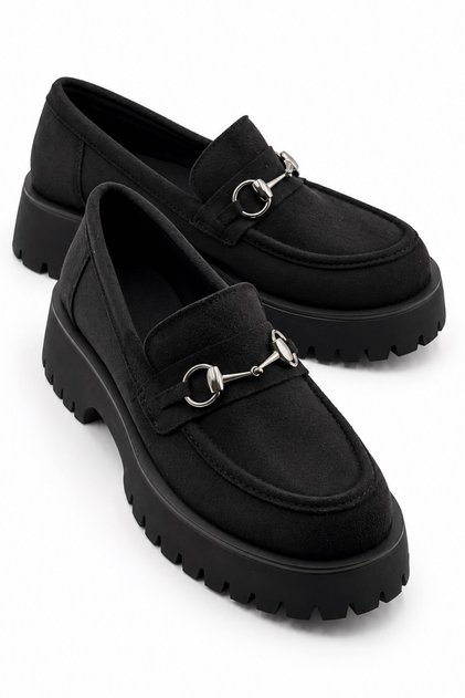Funta Women's Suede Black Gold Metal Buckle Thick Threaded Sole Loafer Shoes