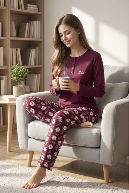 Women's burgundy 100% pure cotton long-sleeved pajama set, relaxed fit, button-down collar, pocket detail.