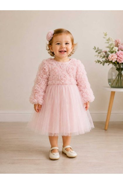 Baby Girl 3D Flower Detailed Long Sleeve Tulle Evening Dress 0997