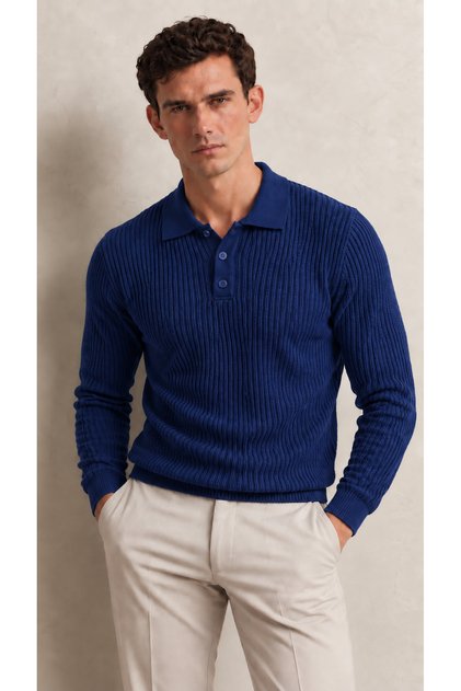 Men's Polo Collar Buttoned Long Sleeve Ribbed Knit Sweater