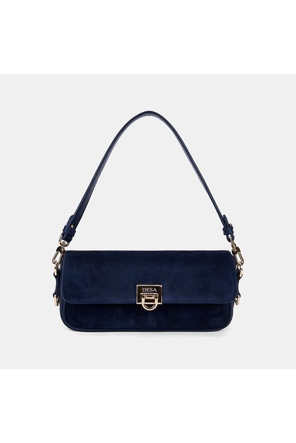 Women's Navy Blue Gold Lock Detailed Suede Textured Shoulder Bag