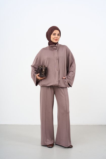 Women's Double Pocket Snap Fastener Trousers with Ribbed Zipper Suit in Mink