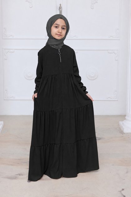 3-Layer Medina Silk Girls' Robe, Comfortable Cut Children's Abaya - Black (Kdm)