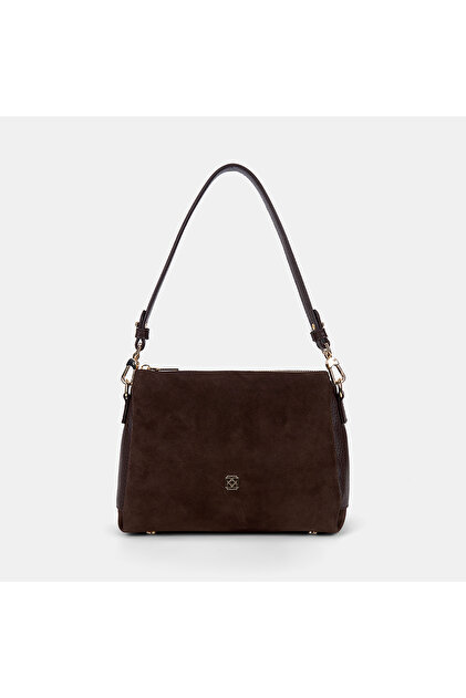 Women's Bitter Brown Metal Logo Detailed Suede Textured Shoulder Bag