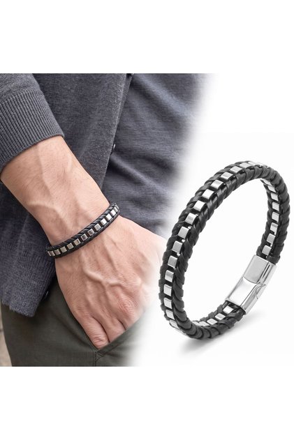 💎 Premium Shiny and Stylish White Black Ribbed Leather Weave and 316L Steel Chain Bracelet 31834B25D3 21 cm