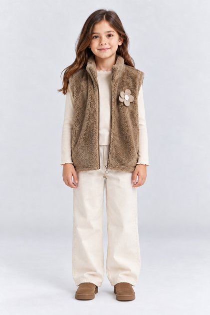 Girl's Plush Vest with Floral Accessories, Zippered, Pocketless, Soft and Warm Vest Ak4121