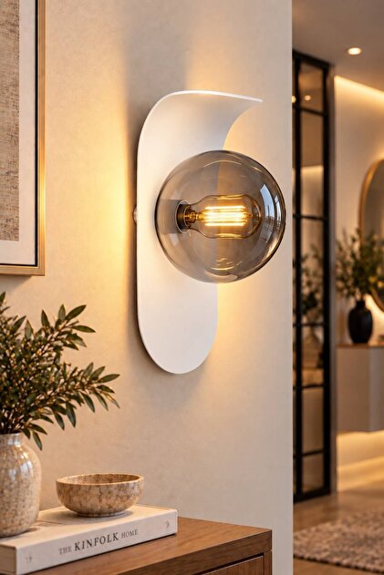 MİNİMALİST APLİK BEYAZ || FÜME GLOP CAMLI || Camlı Duvar Lambası Yatak Odası-Yatak Başı-Banyo Duvar Aplik Modern Aplik Cam Aplik Dekoratif Aplik | E-27 Duylu | Salon Aplik Modelleri Duvar Aydınlatma