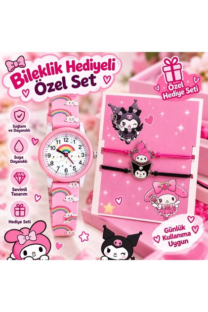 Kız Çocuk Kol Saati Bileklik Hediyeli Set | Renkli Gökkuşağı Tasarımlı Çocuk Saati | 2 Adet Figürlü Bileklik