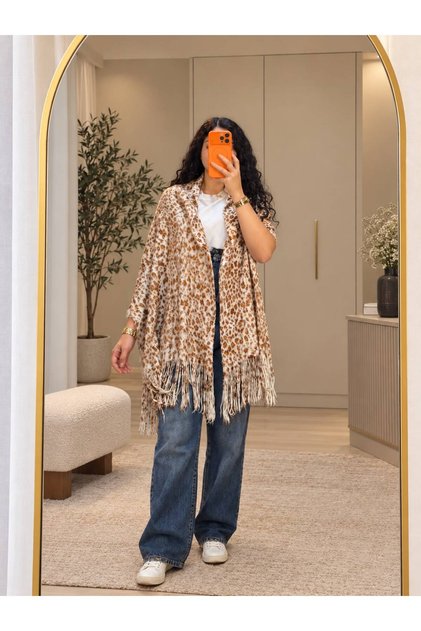 KADIN ANGORA LEOPAR DESENLİ PÜSKÜLLÜ ŞAL
