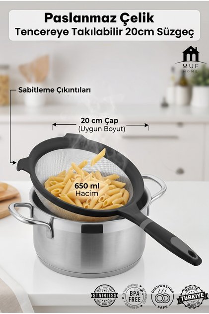 Pot-Attachable Stainless Steel Wire Strainer 20 cm 650 ml - Bpa-Free Practical Kitchen Strainer with Handle