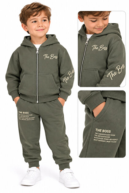 Zippered Kangaroo Pocket Hooded Winter 3-Thread Rastered Sweatshirt Set