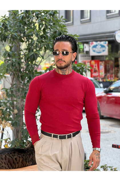 Crew Neck Long Sleeve Basic Knitwear Claret Red
