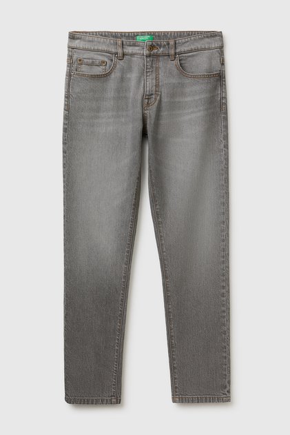 Erkek Orta Gri Pamuk Karışımlı Arkası Logo Etiketli Cepli Slim Fit Denim Pantolon
