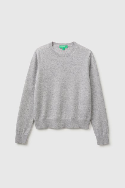 Women's grey melange 100% cashmere crew neck plain sweater