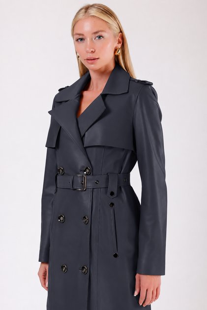 Lacivert Hakiki Deri Trench Kaban