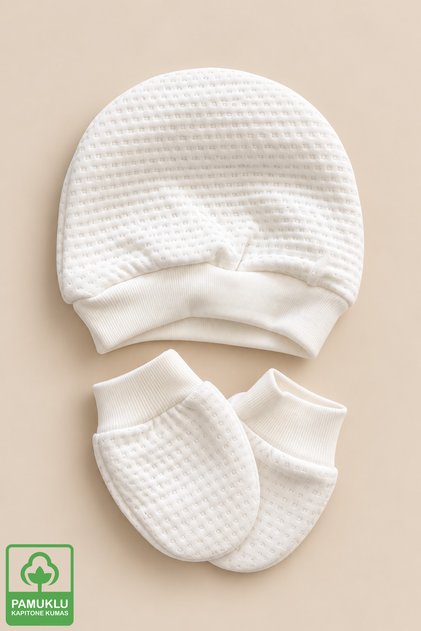 Unisex Bebek Kapitone Pamuklu Yenidoğan Bebek Bere Eldiven Set
