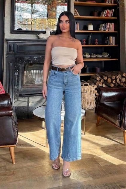 Women's Straight Tansel Jeans with Belt - Denim Blue