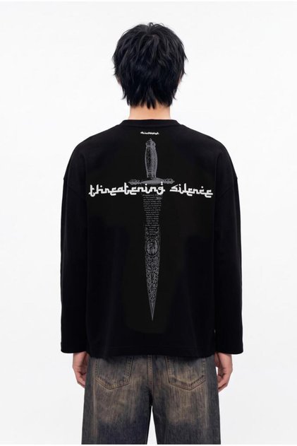 Men's Ethnic Sword Printed Oversize Long Sleeve T-Shirt Black
