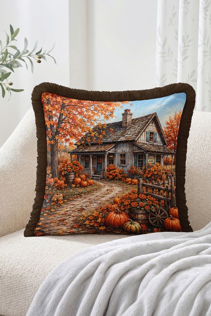 Harvest Home Decorative Fringed-Tasseled Throw Pillow Cover with Autumn Farmhouse and Pumpkin Design