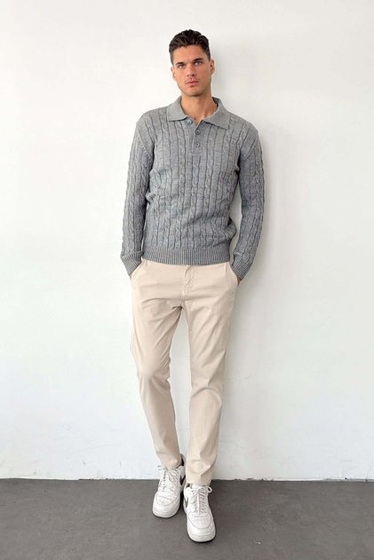 Men's Polo Collar Buttoned Hair Knit Pattern Knitwear Sweater Gray - 26501