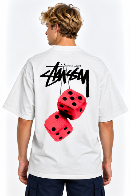 Unisex Women's Men's Stussy Pink Dice Pattern Design Printed Oversized Thick Fabric Relaxed Fit T-Shirt