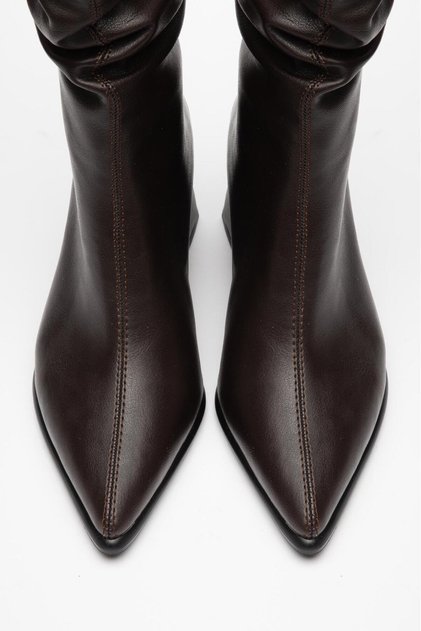 Luffora Women's Bitter Brown Pointed Toe Thick Heeled Drawstring Stylish Boots