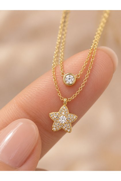 Gold Color Double Chain Star Figured Zircon Stone Necklace