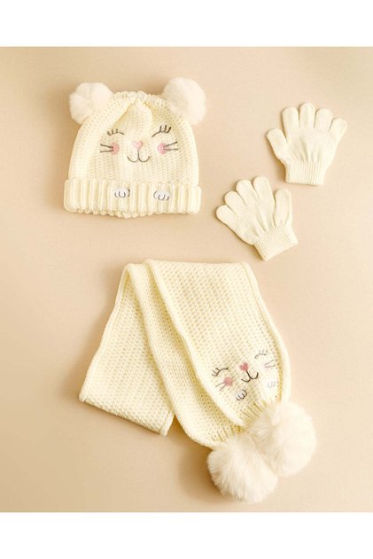 Girls Beige Knitted Cap & Gloves Set