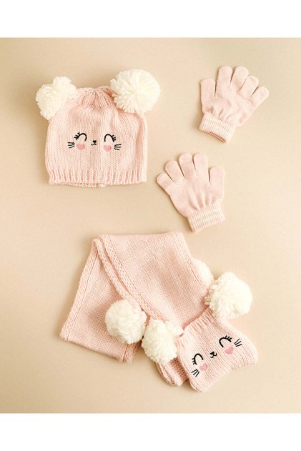 Girls Pink Knitted Cap & Gloves Set