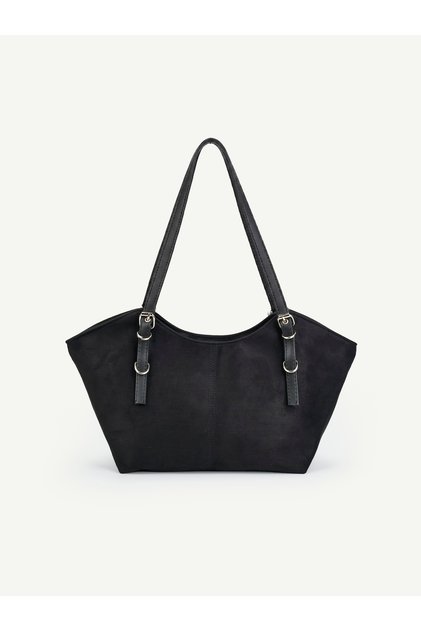 Black Suede Shk355 Large Volume, Buckle Detailed, Zippered, Adjustable Strap, Hand and Shoulder Bag