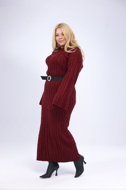 Selani̇k Knitted Plus Size Belted Tricot Dress, Fits up to Size 48