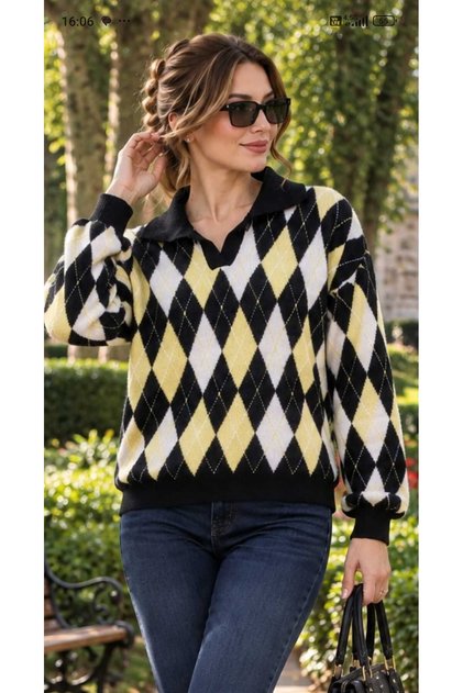 Women's Baklava Pattern Solid Color Polo Collar Sweater