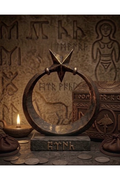 Özel Tasarım Göktürkçe Türk Yazılı Eskitme Altın Ay Yıldız Biblo - Limited Edition (20 cm / 350 gr)