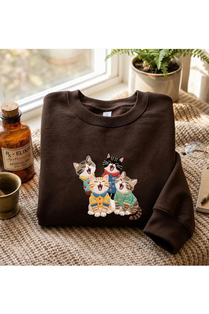 Embroidered Cat Printed Oversize Basic Unisex Cotton Sweatshirt